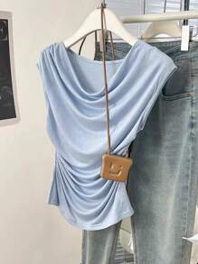 SHEIN Plus Size Women's Casual Solid Color Drawstring Neck Ruffle T-Shirt, Summer - Blue - View 3