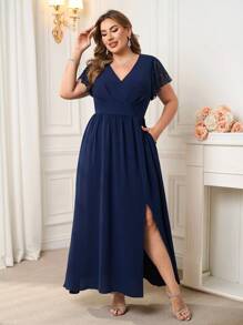 Ellevyn Vestido midi elegante de talla grande con cuello en V, mangas con volantes de encaje y unicolor, vestido para invitada de boda, vestido de graduación, vestido de verano, vestido de novia, vestidos elegantes para fiesta - Azul Marino - Ver 5