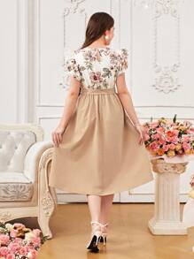 Elegant Short Floral Print Dress For Teen Girls, Ruffle Sleeve, V-Neck Lace Trim, Tie Waist High Low Hem Dress,Holiday,Summer,Travel - Khaki - View 2