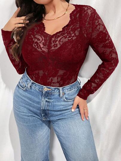 Firerie 大码 V 领弹力蕾丝长袖优雅上衣，适合春夏秋季的舒适休闲装