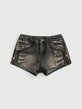 Grunge Punk Pantaloncini di jeans skinny a vita super bassa da donna in stile Y2K Baddie, con patchwork a motivo zebrato e design vintage