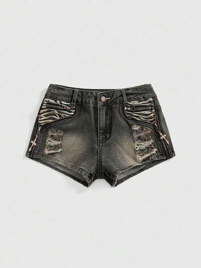 ROMWE Grunge Punk Y2K Baddie Zebra Patchwork Cross Vintage Low-Rise Skinny Women Super Low Waist Denist Shorts