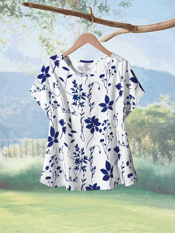 Rusticease Camisa de verano casual con cuello redondo y manga corta, con estampado floral para mujer