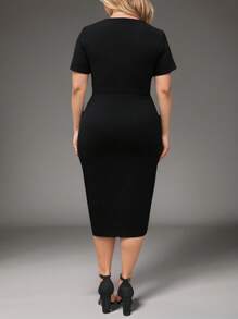 Plus Size Elegant Commuter Colorblock Patchwork Fitted Dress - Multicolor - View 2