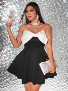 Viva Relle Abito estivo da donna a maniche corte con fiocco, scollo tondo, colore bianco e nero a contrasto, silhuette ad aletta, adatto per vacanze, feste, compleanni, matrimoni, eventi formali, lauree e occasioni speciali.