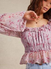 WESTFADE ملابس علوية كروب بأكمام طويلة على شكل أجراس، ياقة منقوشة بتصميم الأزهار الغربية الربيعية، من القماش الشيفون الناعم مع حافة فضفاضة، مناسب للأجواء الصيفية والإجازات