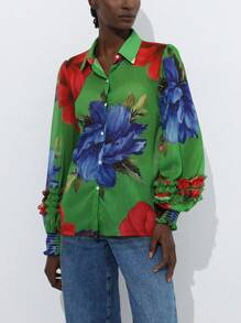 Aveloria Modichic Chiffon Contrast Color Floral Print Layered Flounce Cuff Long Sleeve Blouse Button Up Shirt Women 