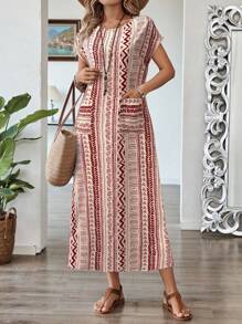 EMERY ROSE Women's Vacation Geometric Print Round Neck Batwing Short Sleeve Dress