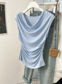 SHEIN Plus Size Women's Casual Solid Color Drawstring Neck Ruffle T-Shirt, Summer - Blue - View 1