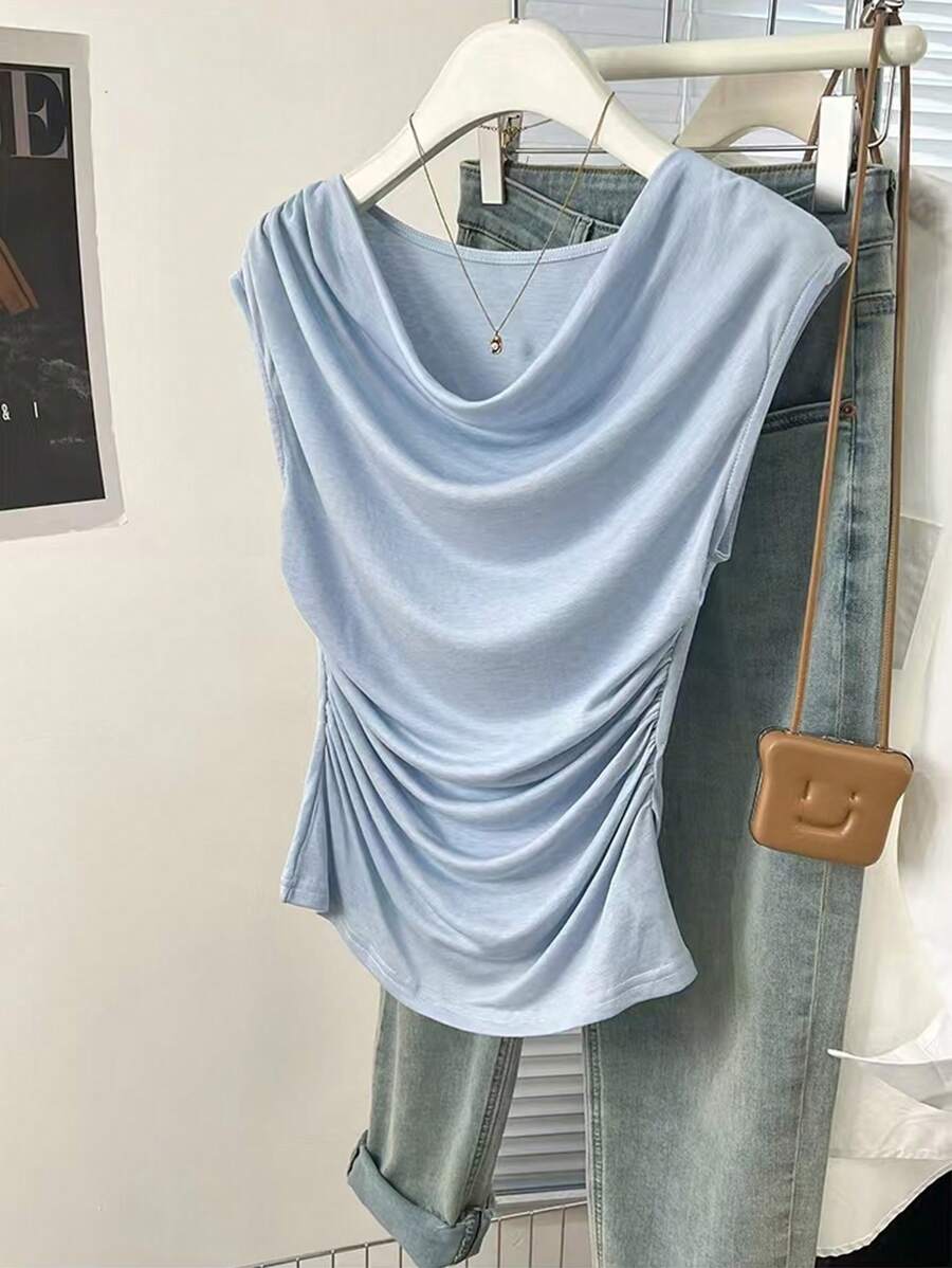 SHEIN Plus Size Women's Casual Solid Color Drawstring Neck Ruffle T-Shirt, Summer - Blue - View 1