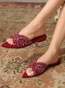 CUCCOO TILAWA New Women Outdoor Flat Sandals, Pointed Toe Fashion Colorful Rhinestone Black Velvet Slip-On Slippers, Soft Bottom Casual Comfortable Party & Work Summer Shoes - Red - View 3