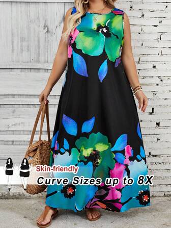 SHEIN CURVE+ Plus Size Summer Sleeveless Floral Print White Dress Boho Vacation,Summer Outfits For Women,Bohemia,Vacation,Beach Dress Sundress,Holiday Outfits