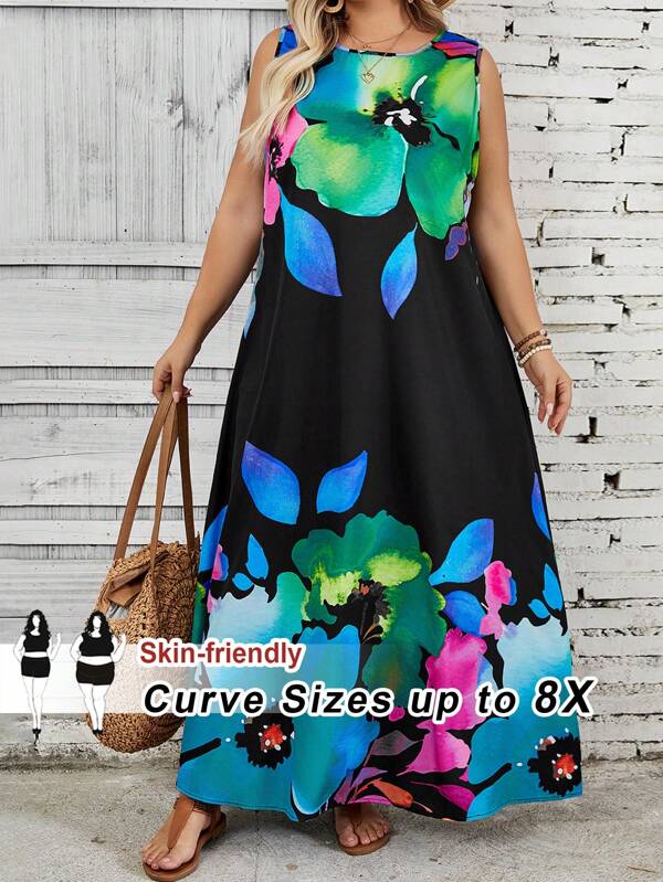 SHEIN CURVE+ Rochie albă cu imprimeu floral fără mâneci de vară mărimi plus boho vacanță