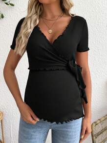 SHEIN T-shirt casual à manches courtes pour femmes enceintes, en couleur unie, avec fonction d'allaitement, noué