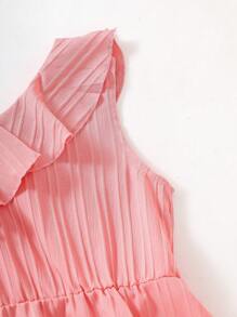 SHEIN Vestido de niña preadolescente de tela texturizada con cuello de volantes asimétricos, cinturón