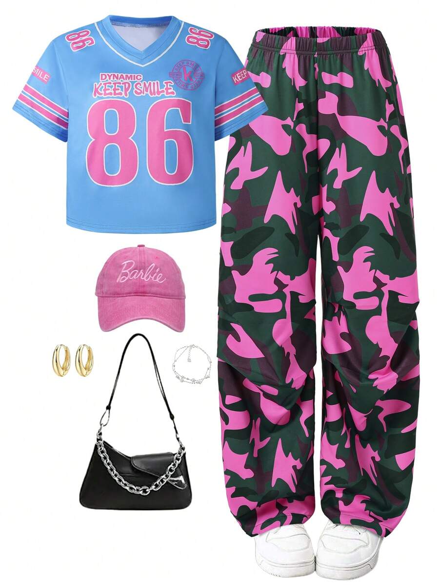 2 Pieces Set: Teen Girls Black Letter Graphic V-Neck Sports Sweatshirt And Loose Fit Pink Camo Wide Leg Pants, Streetwear Fashion Versatile, Also Suitable As Valentine's Day Gift - Multicolor - View 1