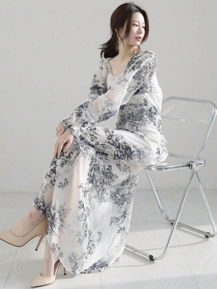 Women's Elegant Long Ink Painting Floral Print Dress Vacation