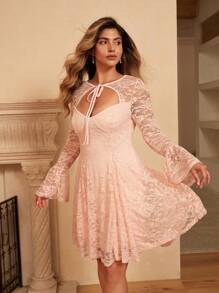 Flirla Abito elegante di colore unito in pizzo traforato per taglie comode - Rosa - Visualizzare 1