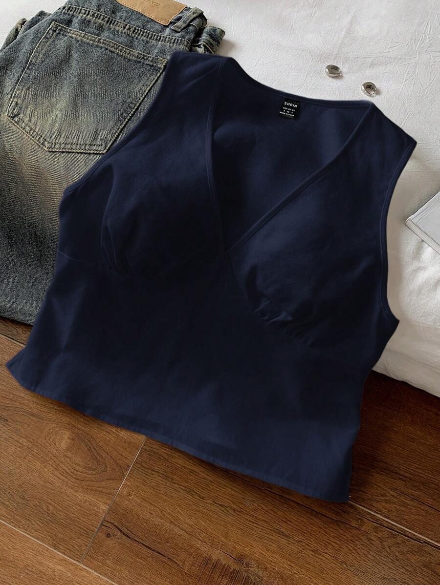 Comfortcana 女士海军蓝亚麻 V 领背心 - 藏蓝色 - 查看 1