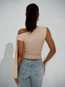 SHEIN BAE Áo hở vai cổ lệch thanh lịch dành cho nữ, trang phục thường ngày mùa xuân hè, trang phục dự tiệc hộp đêm, trang phục Halloween - Màu Khaki - Xem 2