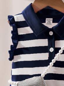 SHEIN Playful Pals Baby Girls' Casual Cute Ruffle Sleeve Striped Knit Dress, Summer Korean Style - Royal Blue - View 4