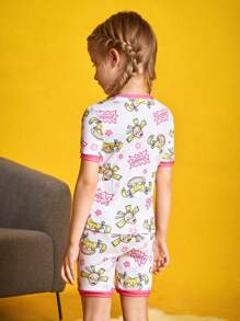 Nick 90s | SHEIN Young Girl Cartoon Floral & Letter Graphic Pink & White Casual Comfortable Tight Fitting Short Sleeve T-Shirt & Shorts Pajama Set - White - View 7