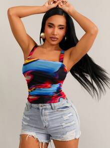 SHEIN SXY Women's Early Spring Casual Vacation Beach Outing Vibrant Tie Dye Print Mesh Loose Tank Top - Multicolor - View 2