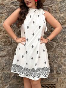 SHEIN VCAY Plus Size Women's White Floral Halter Short Dress, Floral Dress Women, Curve Dress, Sundress, Mother's Day Outfit, Summer Outfit For Women, Beach, Mother's Day Dress, White Dress Summer Outfits For Women Easter Outfit Women Festival Outfits Ibiza Outfits Nashville Outfits Ibiza Outfits Casual Boho Cowgirl Brunch Outfits For Women, Graduation Dress - White - View 7