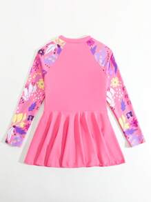 Tween Girl 热带植物印花插肩袖连体泳衣 - 珊瑚粉 - 查看 2
