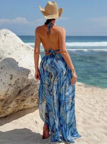 SHEIN 3 Completi da spiaggia/estivi da donna, inclusi slip del bikini con stampa marmorizzata, gonna con spacco alto e abito da spiaggia con accessori metallici