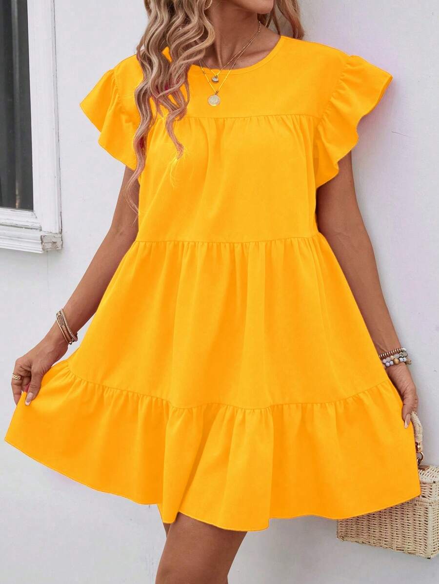 Breezaya Women Summer Solid Color Round Neck Loose Babydoll Dress With Ruffle Trim Vacation Beach Outfit - Yellow - View 1