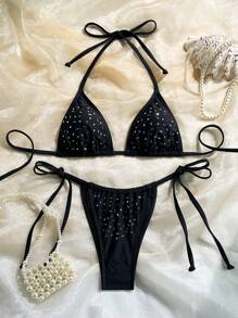 Swim EVENT Set de 2 piezas de traje de baño de mujer, top halter con cristales negros y Bottom con lazos laterales, atuendo sexy para fiesta en la playa, piscina, festival de música, adecuado para gente joven - Negro - Ver 8