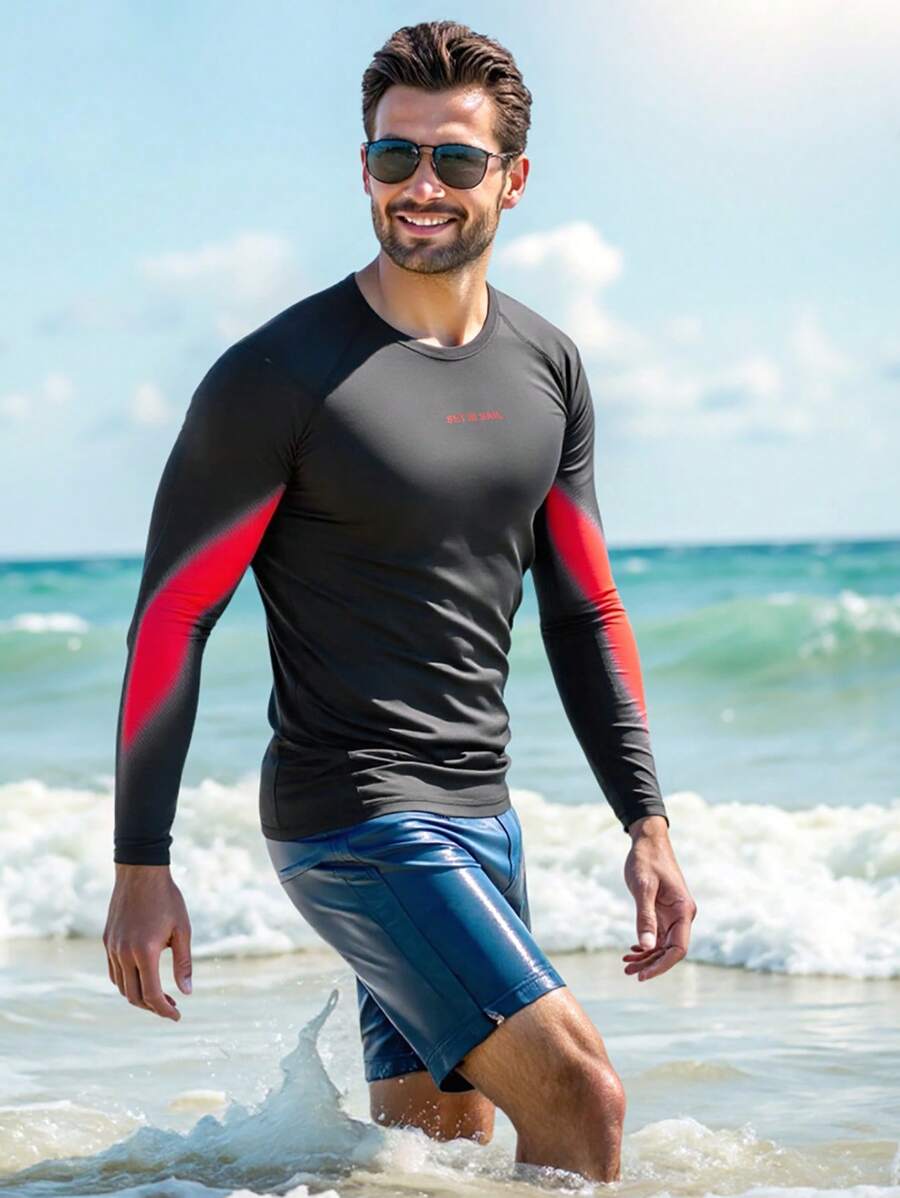 Manfinity VDAYZ Men's Letter Graphic Contrast Long Sleeve Surf Tee - Black - View 1