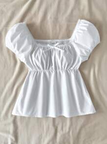 SHEIN Teenager Mädchen weißes Hemd mit quadratischem Kragen, A-Linie, Puffärmeln, süß und niedlich, kurz geschnitten, passend für verspielten, süßen Stil, alltägliches Alltag Outfit
