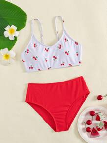 Tween Girl 樱桃印花比基尼套装 - 白色 - 查看 5
