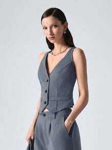 Muchica 深灰蓝色女式编织缺口领长袖西装外套、单排扣背心和裤子套装