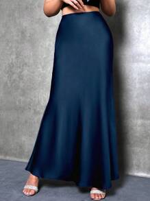 SHEIN Tall 女款純色美人魚式緞面長裙，優雅長裙，適合女性聚會與日常穿著，適合高個女性 - 藏蓝色 - 查看 5