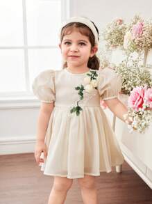 Vestido corto de manga corta con estampado floral de organza color albaricoque, elegante y lindo para bebé niña en verano