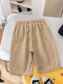 1pc Boys' Fashion Versatile Simple Gentleman Style Khaki Solid Animal Print Soft Breathable Half Elastic Waistband Drawstring Casual Shorts, Suitable For Summer Outfitting, Outdoor Activities Such As Shopping, Getaway, Holiday, Travel, Relax, Sunbathing - Khaki - View 2