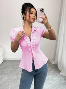 Chiquease Elegant French Style Frill Puff Sleeve Fitted Shirt For Women, Suitable For Commuting And School - Pink - View 3
