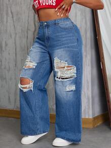 SHEIN SXY Plus Size Women Casual Non-Stretch Distressed Straight Leg Jeans Summer - Blue - View 3