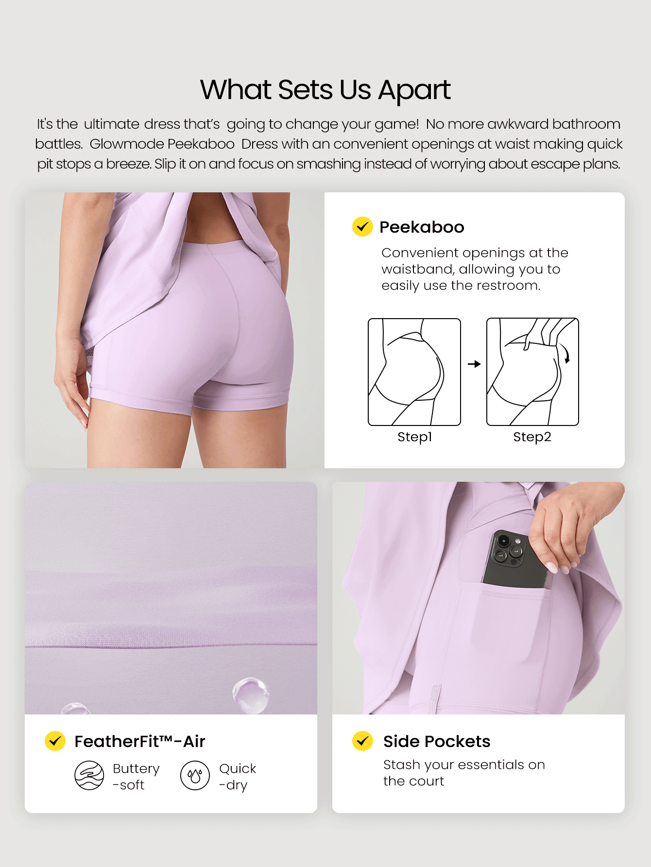 GLOWMODE FeatherFit™-Air 为胜利而生 吸汗快干 Peekaboo 内置罩杯 交叉系带后背圆领运动连衣裙 内置短裤 侧袋 防滑握把 低冲击网球 高尔夫 匹克球 日常穿着 - 淡紫色 - 查看 2