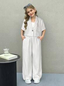 SHEIN Nova Glow Tween Girls Woven Solid Color Lapel Neck Short Sleeve Jacket And Straight-Leg Pants Casual Outfit Set - White - View 3