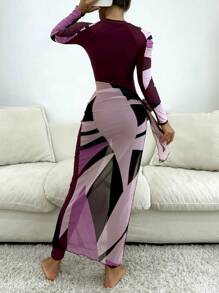 Swim Mulvari 3-Piece Random Print Women One-Piece Swimsuit With Round Neck, Long Sleeve, Shoulder Shirring, Zipper Front Design Top, High Waisted Swim Shorts With Drawstring, And Beach Dress, Modest Vacation Burkini Set