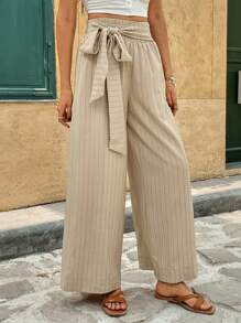 SHEIN Frenchy Women's Vacation Knotted Waist Striped Wide Leg Loose Pants Winter Casual - Apricot - View 4