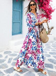 Vivid Eden 女士长款彩色花卉印花连衣裙，适合春夏季度假