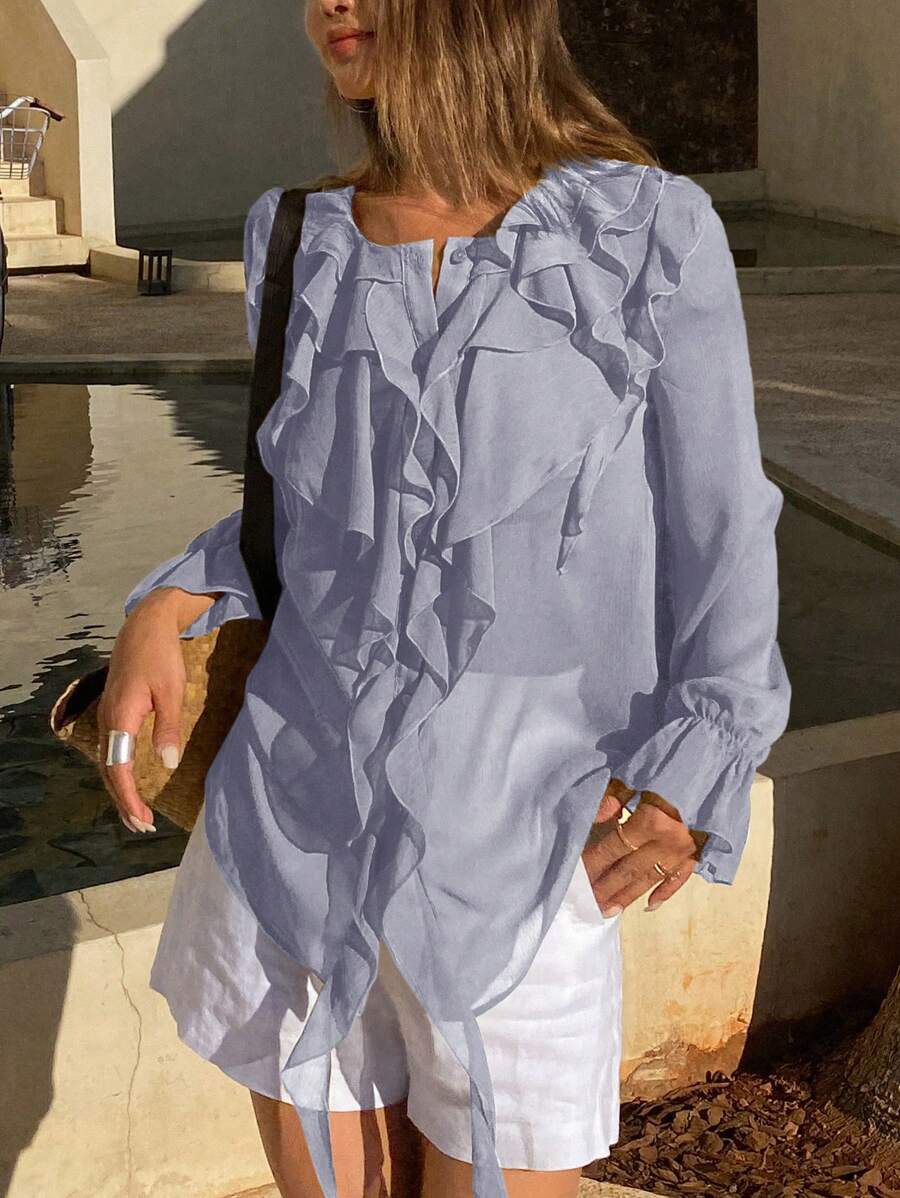 DAZY 西式雪纺镂空荷叶边开衫，轻盈版型，适合夏季海滩度假，秋季女装长袖上衣 - 藍色 - 查看 1