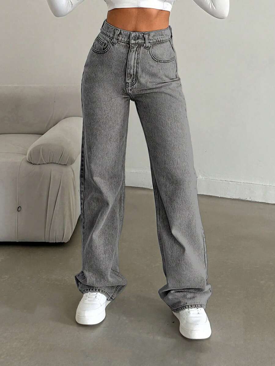 SHEIN Tall Snow Wash Straight Leg Jeans High Rise For Tall - Light Grey - View 1