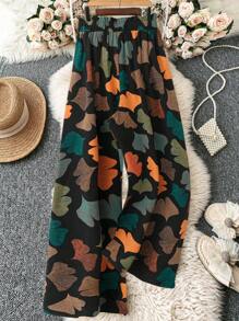 EMERY ROSE Plus Size Women Valentine's Day Woven Contrast Color Ginkgo Leaf Print Regular Spring/Summer Resort Wide Leg Pants Cooling Stress Relief Evening Long Gown Elegant Fashion Women Lounge Summer For Women St. Patrick's Day Rave Festival Spring Break St. Patrick's Boho Fall Cloth For Women - Multicolor - View 2