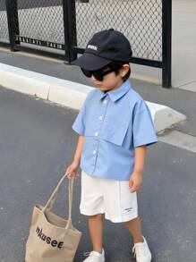 Young Boy Summer New Simple Lapel Front Opening Short Sleeve Shirt And Casual Straight Shorts Set, And Cool Fashion Outfit - Blue - View 1